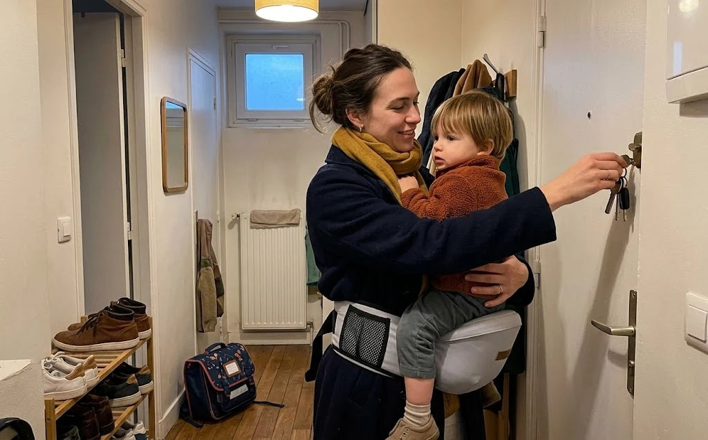 Maman au retour de l’école, son enfant assis sur le porte-bébé, la main libre pour accrocher les clés