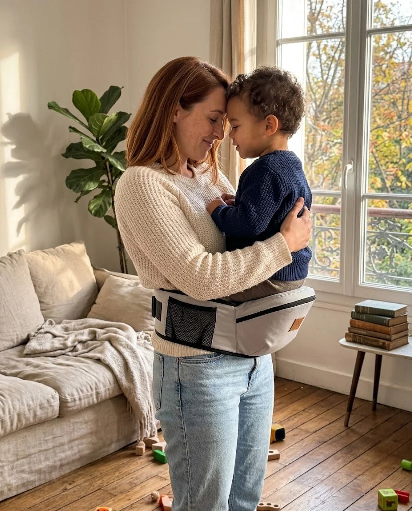 Maman et son enfant front contre front, l’enfant assis sur le porte-bébé à hanche