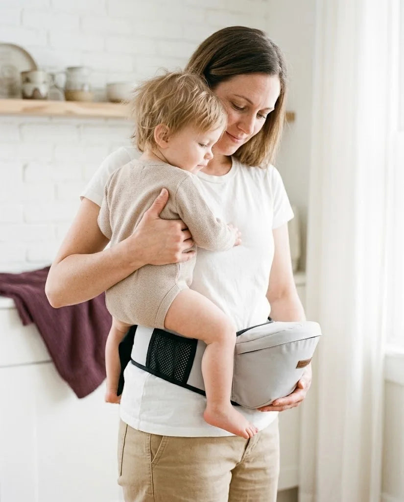Maman qui garde une main sur son enfant assis sur le porte-bébé