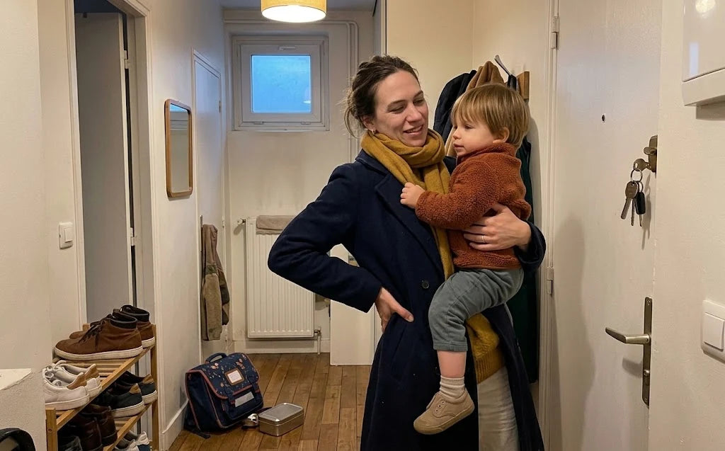 Maman au retour de l’école, son enfant à bout de bras et une main dans le dos