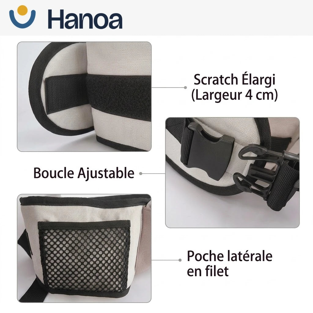 Détails de la fermeture : scratch élargi de 4 cm, boucle ajustable et poche latérale en filet